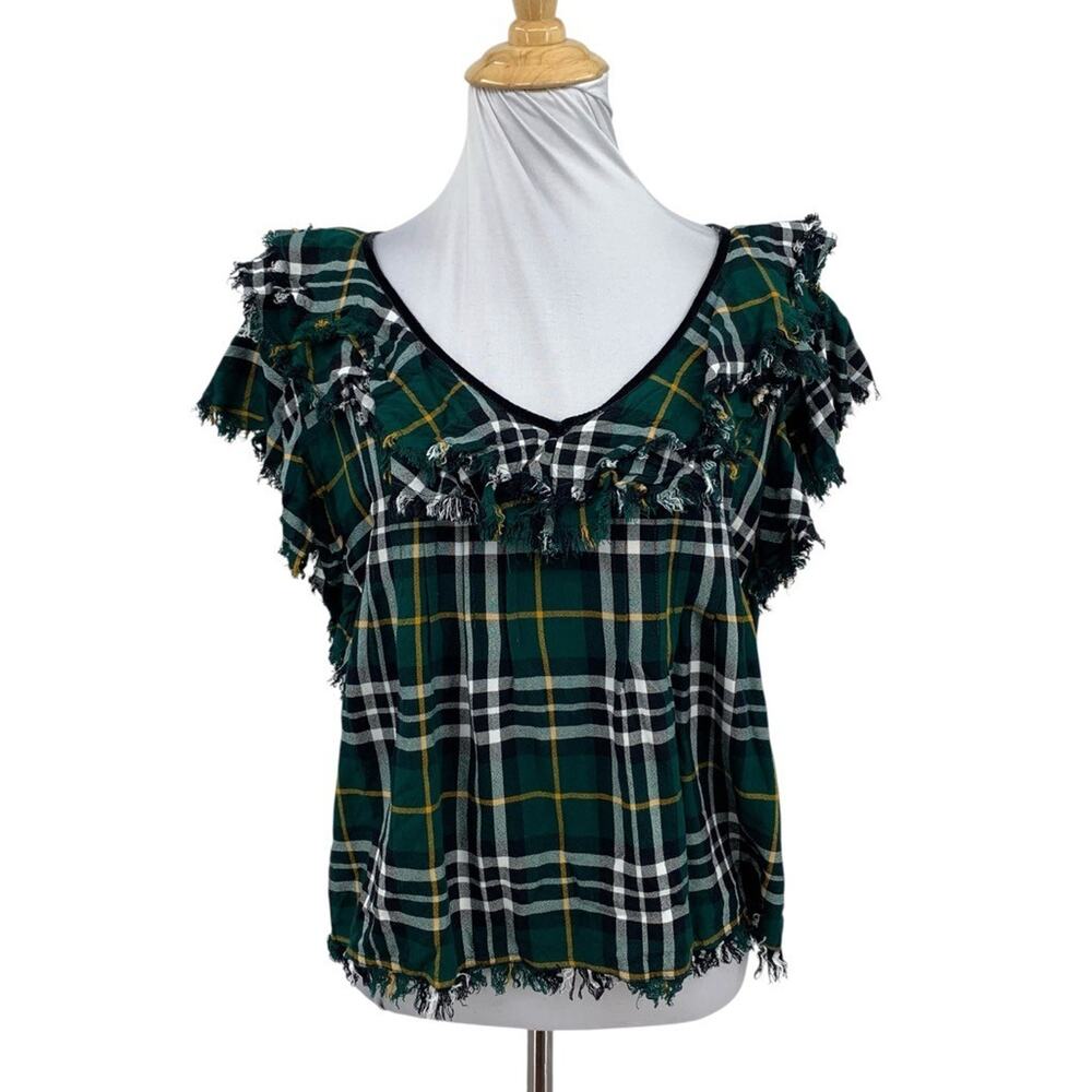 Faherty Shirt Womens L Large Yosepha Plaid Sleeveless V Neck Fringe Cropped Top